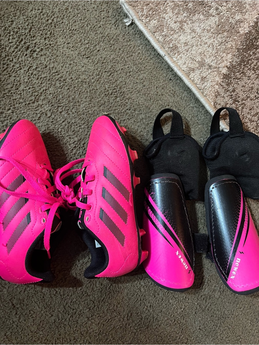 adidas Kids Pink Soccer Cleats size 13.5 with Matching Pink & Black Shin Guards